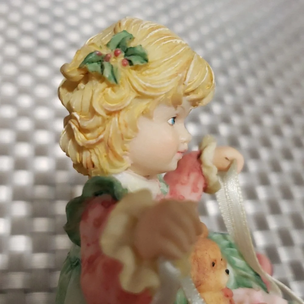 Charming Girl Figurine with Teddy Bear - Pink and Green